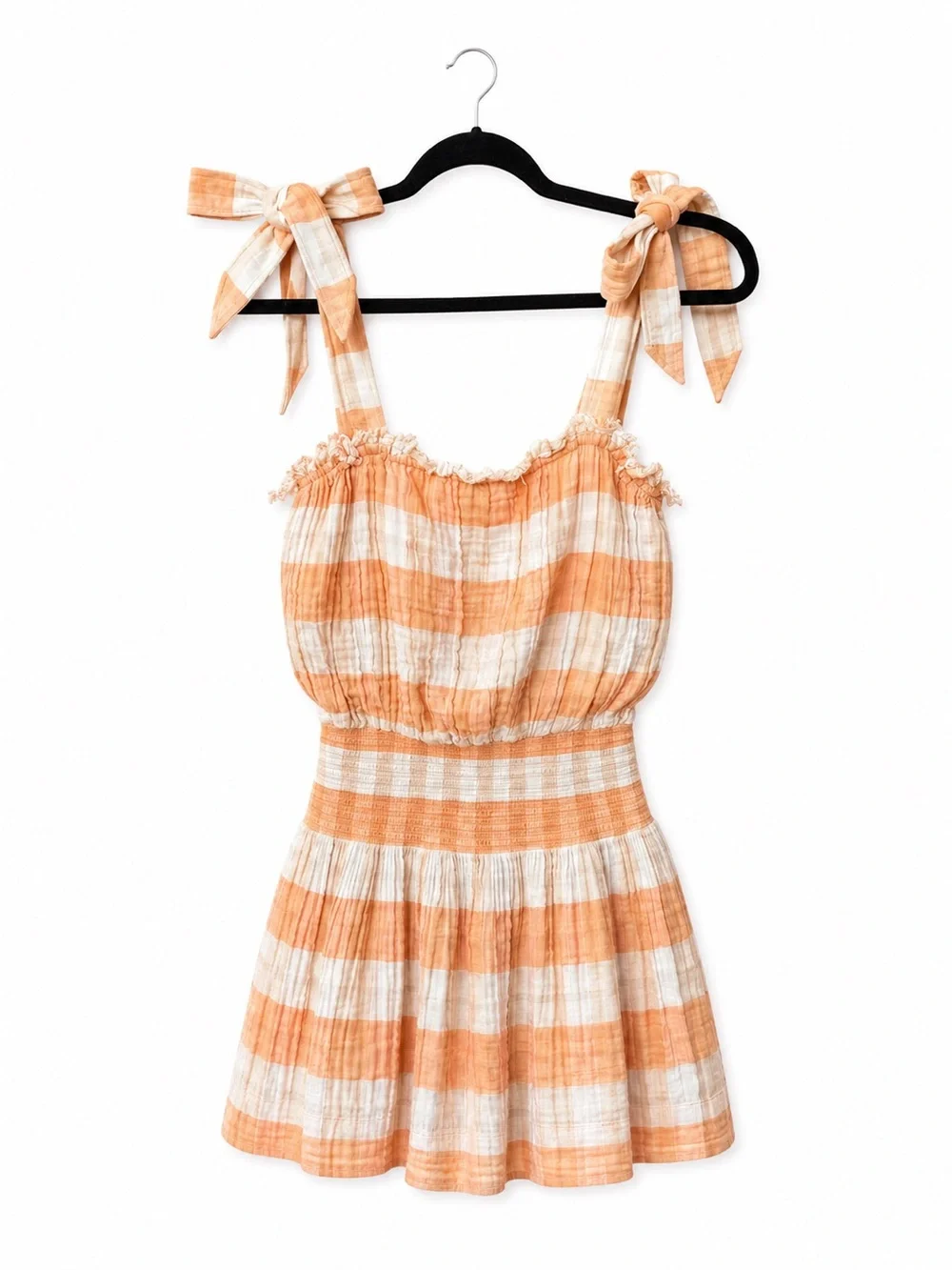 Ramy Brook Dress Natasha Mini Plaid Gauze Bow Shoulder Smocked